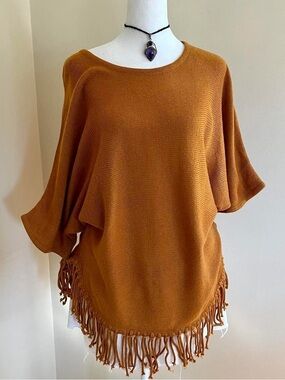 Vintage Y2K Boho Rockstar GF Fringe Poncho Tunic Sweater Top Rust Orange Brown S